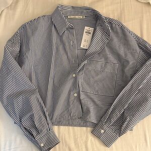 Abercrombie & Fitch Navy and White Striped Cropped Shirt